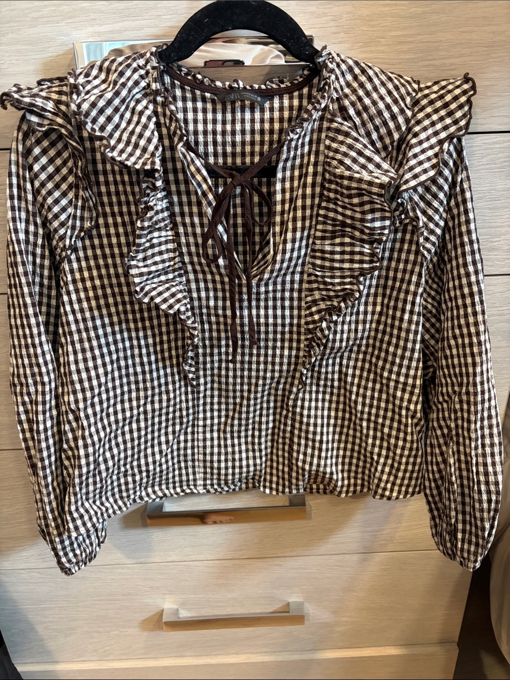 Zara Brown and White Gingham Ruffle Tie-Front Blouse
